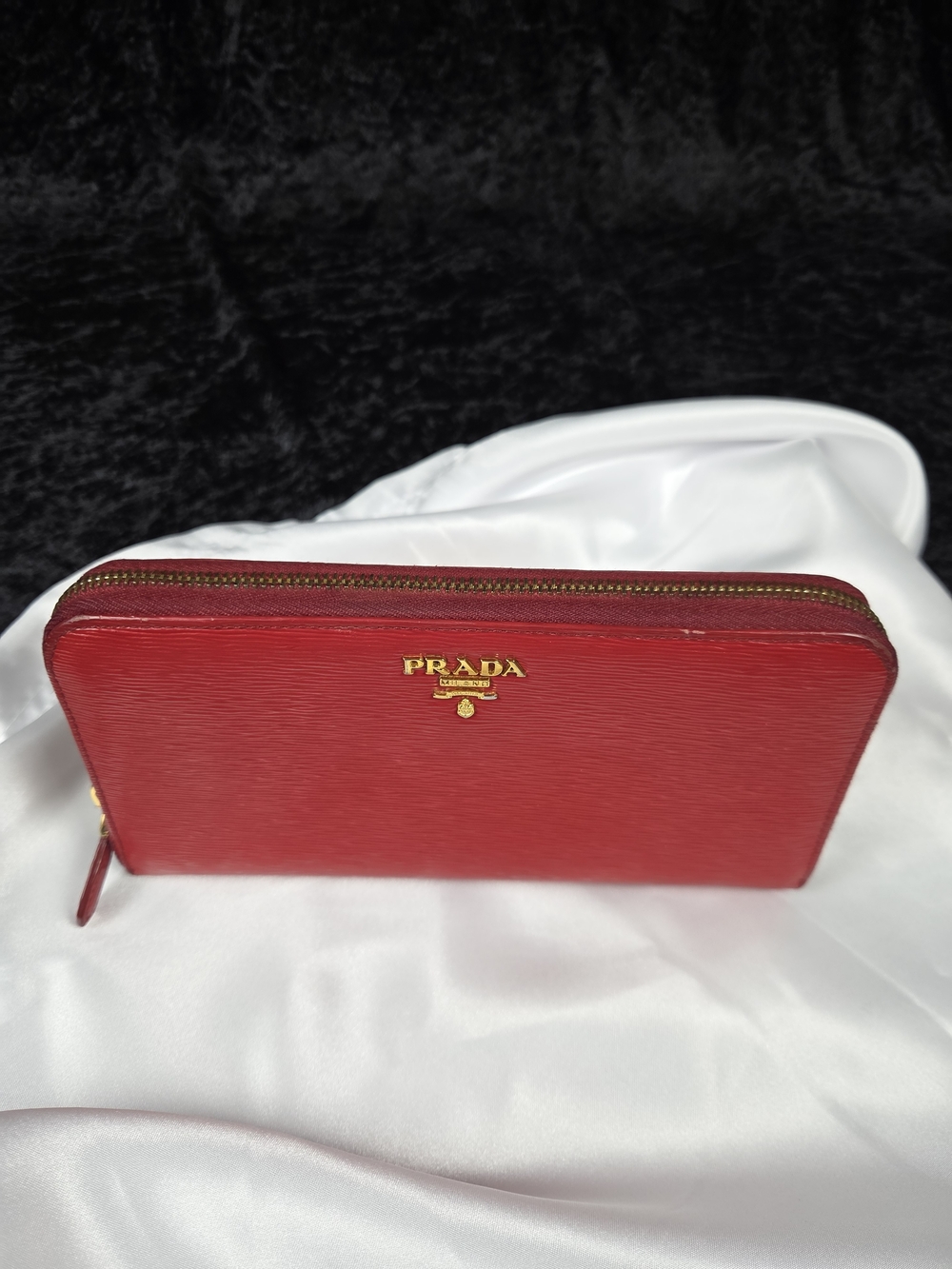 Authentic Prada Red Saffiano Lux Zip Around Wallet Gold Hardware COA Included